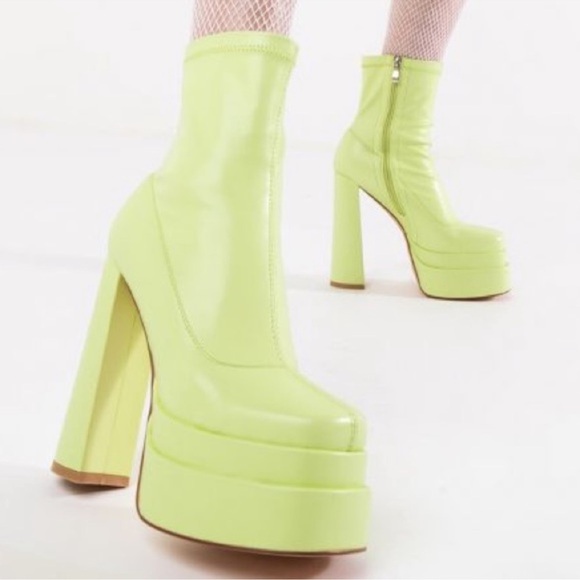 AZALEA WANG — Bold Neon Lime Platform Boots • High Block Heel, Retro 70’s Vibes - Picture 1 of 13